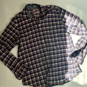 Thomas Pink Navy Blue and Red Plaid Casual Fit Flannel Shirt, L